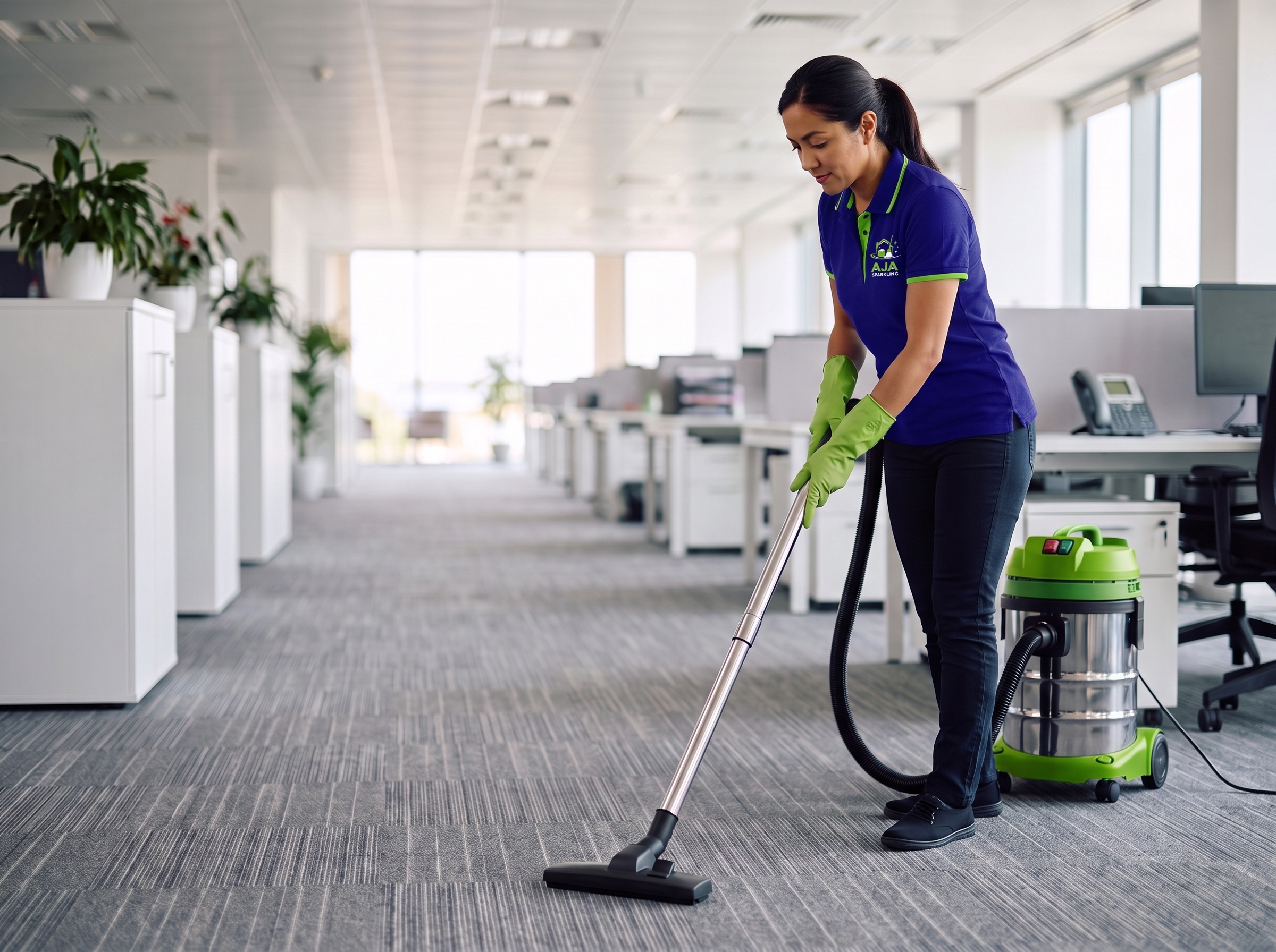 Cleaning specialist wiping surface with eco-safe spray